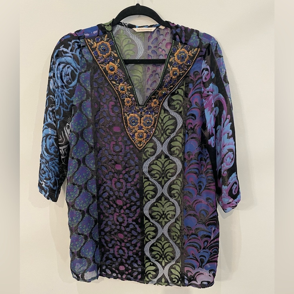 Soft Surroundings Viscota Embroidered Jeweled Tunic Top Petite M Made in India